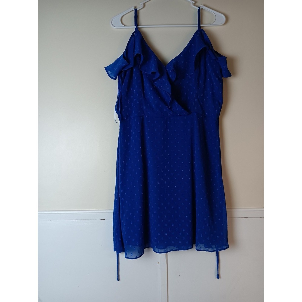 BCX Dress Juniors Large Blue Polka Dot Ruffle Chiffon Fit & Flare Lined Sundress